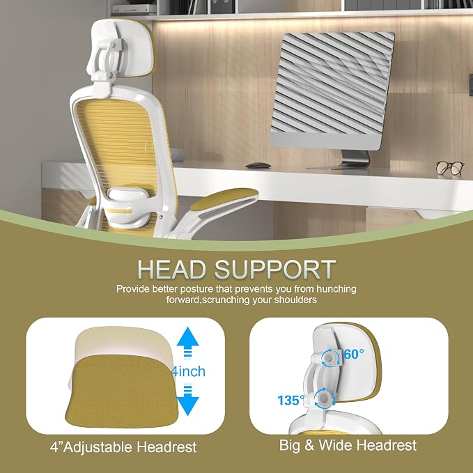 Mimoglad Office Chair, High Back Ergonomic Desk Chair with Adjustable Lumbar Support and Headrest, with flip-up Armrests for Guitar Playing, 5 Years Warranty (Modern, Golden Light) - Image 3