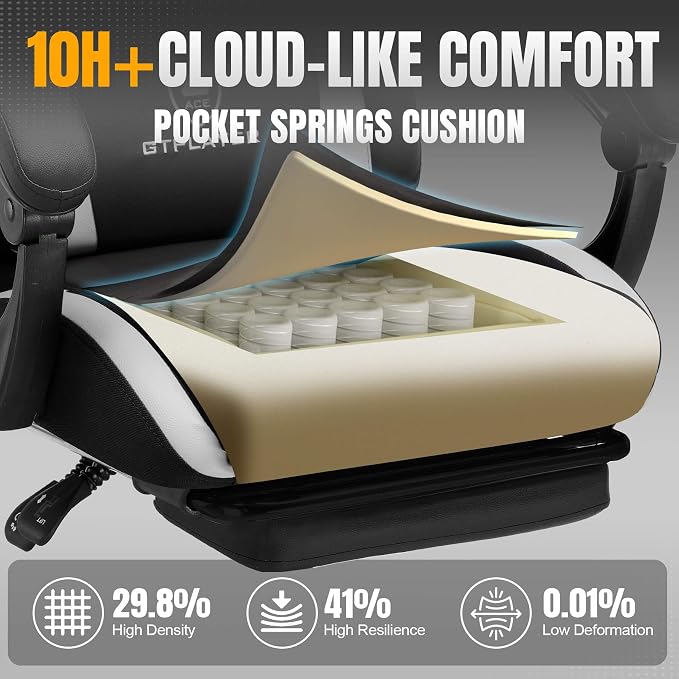 GTPLAYER Gaming Chair with Pocket Spring Cushion, Leather Office Chair with Ergonomic High Back & Lumbar Support for Back Pain Relief, Computer Game Chair for Adults, White/Black - Image 4