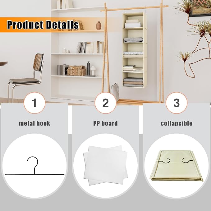 Hanging Closet Organizer 5-Shelf, Oxford Fabric Wardrobe Storage, Beige | Easy-mount foldable design holds clothes, handbags, shoes & accessories; washable Oxford fabric, sturdy and space-saving. - Image 6