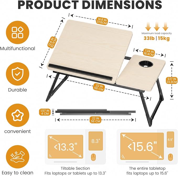Laptop Bed Desk, 5-Angle Adjustable Bed Laptop Table with Cup Holder | Foldable Laptop Stand for Couch & Sofa, Portable Laptop Tray for Adults Writing Reading Eating, Beige - Image 2