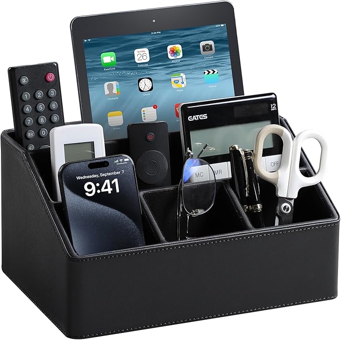 PU Leather Desk Organizer, Remote Control Holder, Black | Luxury Nightstand Organizer for Home, Office Desk Accessories, Bedside Table Caddy with 5 Compartments, Velvet Lining by MEIBOOCH