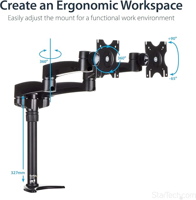 StarTech Desk Mount Dual Monitor Arm 24in, Articulating, Black (ARMDUAL) | Supports Monitors 12'' to 24" (29.9lb/13.6kg), Adjustable VESA Monitor Arm, Grommet or Desk Mount - Image 5