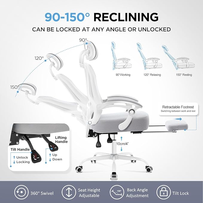 Ergonomic Office Chair with Footrest,Ultra Thick Desk Chair,Grey | 150°Reclining,Mesh High Back,Adjustable 2D Lumbar Support and Headrest,4.8" Spring Cushion,Premium Computer Chair for Adults - Image 6