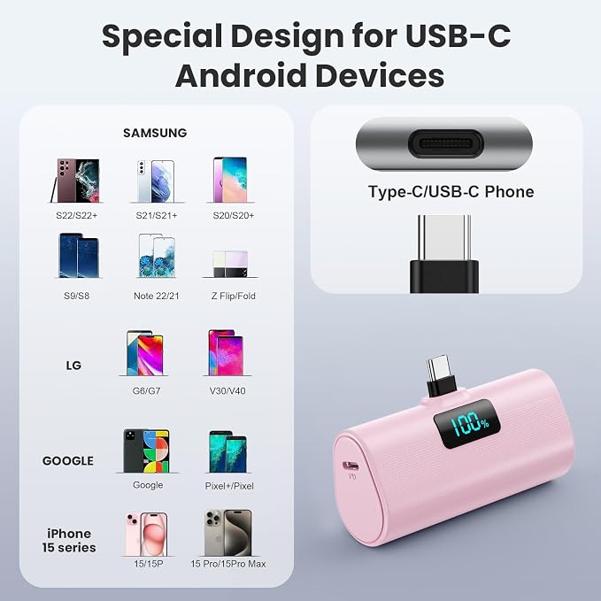 [2-Pack]Portable Charger for iPhone 16/15 Series,5200mAh PD USB C Power Bank Built-in USB-C Connector,Battery Pack Compatible with iPhone 16/16 Plus/16 Pro/16 Pro Max/15 Series,Android (Pink+Purple) - Image 5