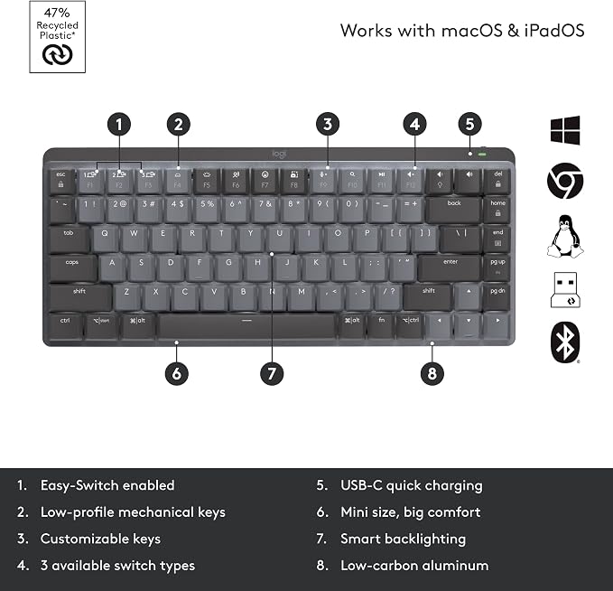 Logitech MX Mechanical Mini TKL Illuminated Wireless Keyboard, Linear, and MX Master 3S Performance Wireless Bluetooth Mouse Bundle, macOS, Windows, Linux, iOS, Android - Image 6