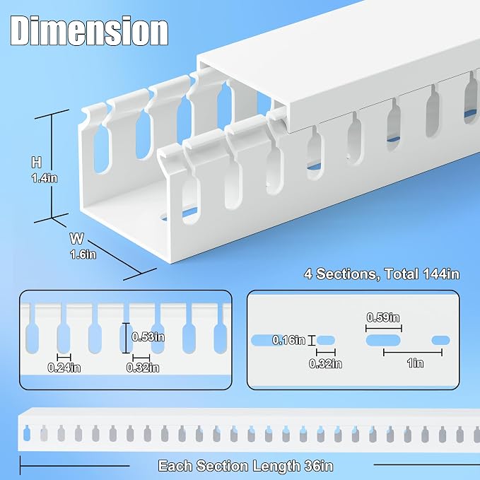1.4"H x 1.6"W Cable Raceway, 12ft Under Desk Wire Management Channel, White | Slotted Wire Duct, 4 Pack (3 ft Each), Heavy-Duty PVC Cable Management for Server Racks, Network Cables & Electrical Cabinets - Image 2