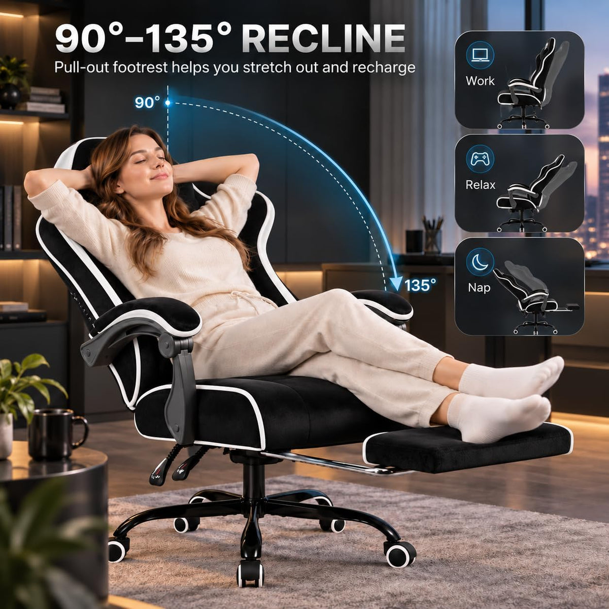 Computer Gaming Chair, 400 lb Velvet Recliner with Footrest for Adults - Image 5