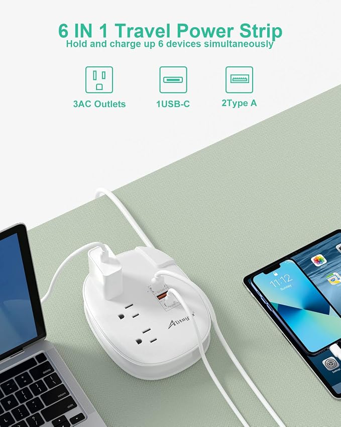 Alitayee PD20W USB C Travel Power Strip,3 Outlets 3 USB,3ft Wrapped Cord | PD20W USB C Fast Charging Station,QC 3.0 Charger,3 Outlets,Flat Plug,3ft Wrapped Around Extension Cord,for Cruise Travel Home - Image 3