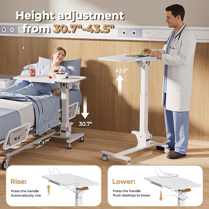 JOY worker Foldable Mobile Standing Desk on Wheels, 180° Tilt Bedside Table | Height Adjustable, 31.5" White MDF Board with Lips, Collapsible Top & Base for Storage, Rolling Laptop Desk for Home Hospital - Image 3