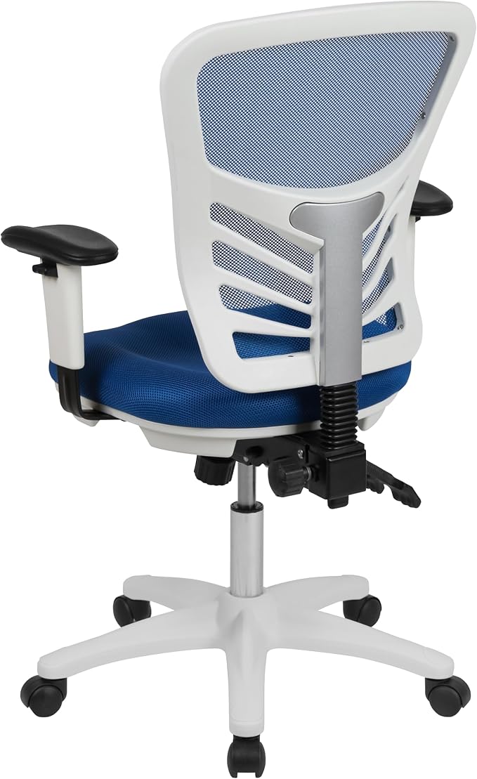 Flash Furniture Nicholas Mid-Back Blue Mesh Multifunction Executive Swivel Ergonomic Office Chair with Adjustable Arms and White Frame - Image 6