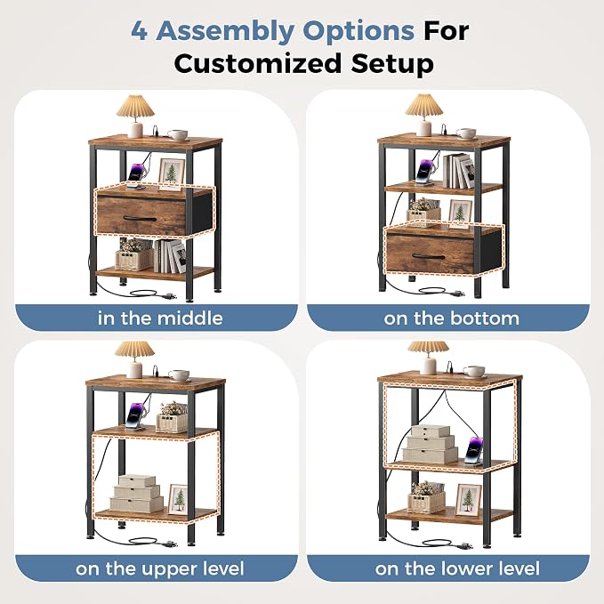 OLIXIS Nightstand with Charging Station, Beside Table with Fabric Drawer | 3-Tier End Table with 2 Storage Shelves,Night Stand with USB Ports and Outlets for Bedroom, Rustic Brown - Image 9
