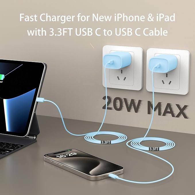 iPhone 17 16 15 Pro Max Charger Fast Charging, 3.3FT iPhone 17 Charging Cable(65W/3A) USB C Cord with 20W PD Fast iPhone 17 Pro Max Chargers Block for iPhone 17/17 Pro Max/17 Air/16/15 Series, iPad - Image 7