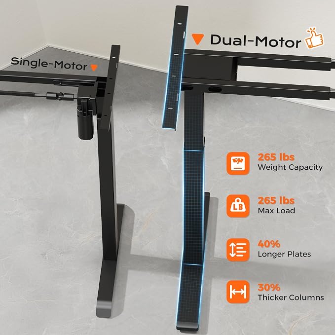 Huuger Dual Motor Electric Standing Desk Frame, Sit Stand up Desk Leg for 47.2” to 86.6” Desktop, Computer Desk Leg with Cable Tray, 3 Memory Height Presets, 2 Hooks, Black Frame Only - Image 3