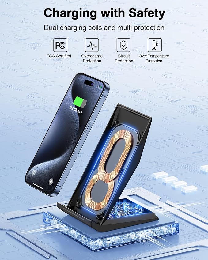 NANAMI Fast Wireless Charger, Wireless Charging Stand | Compatible iPhone 17/17 Air/16/15/15 Pro/15 Pro Max, Nightstand Phone Charger Dock for Samsung Galaxy S26/S26+/S25/S24 - Image 2