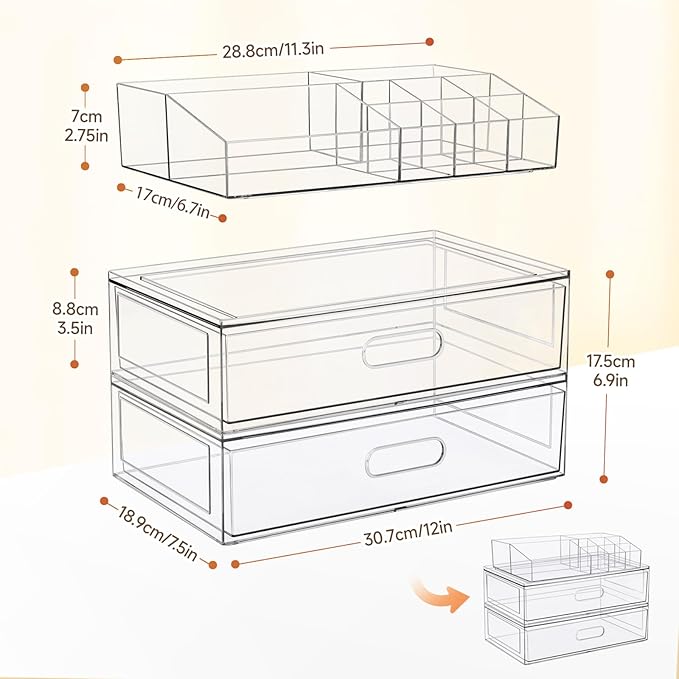 Clear Stackable Makeup Organizer with Drawer, 12''W Acrylic Storage Drawers | Cosmetic Display Case for Vanity Bathroom Countertop Drawers, Beauty Holder for Lipstick Brush Skincare Perfume - Image 3
