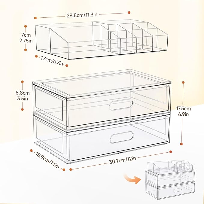 Clear Stackable Makeup Organizer with Drawer, 12''W Acrylic Storage Drawers | Cosmetic Display Case for Vanity Bathroom Countertop Drawers, Beauty Holder for Lipstick Brush Skincare Perfume - Image 3