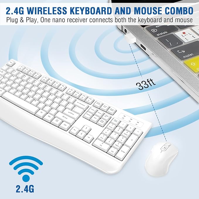 Wireless Keyboard and Mouse Combo, EDJO Full-Sized Ergonomic Computer Keyboard with Wrist Rest and 3 Level DPI Adjustable Wireless Mouse for Windows, Mac OS Desktop/Laptop/PC (White) - Image 5