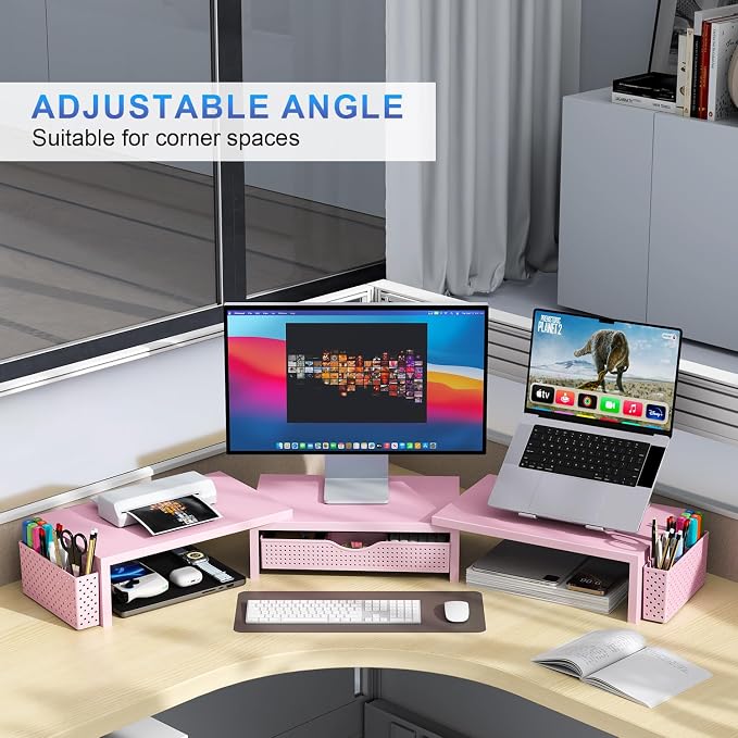 gianotter Dual Monitor Stand Riser With Drawer and 2 Pen Holders | Computer Monitor Stand Desk Organizer and Accessories Desk Shelf for Top of Desk (Pink) - Image 3