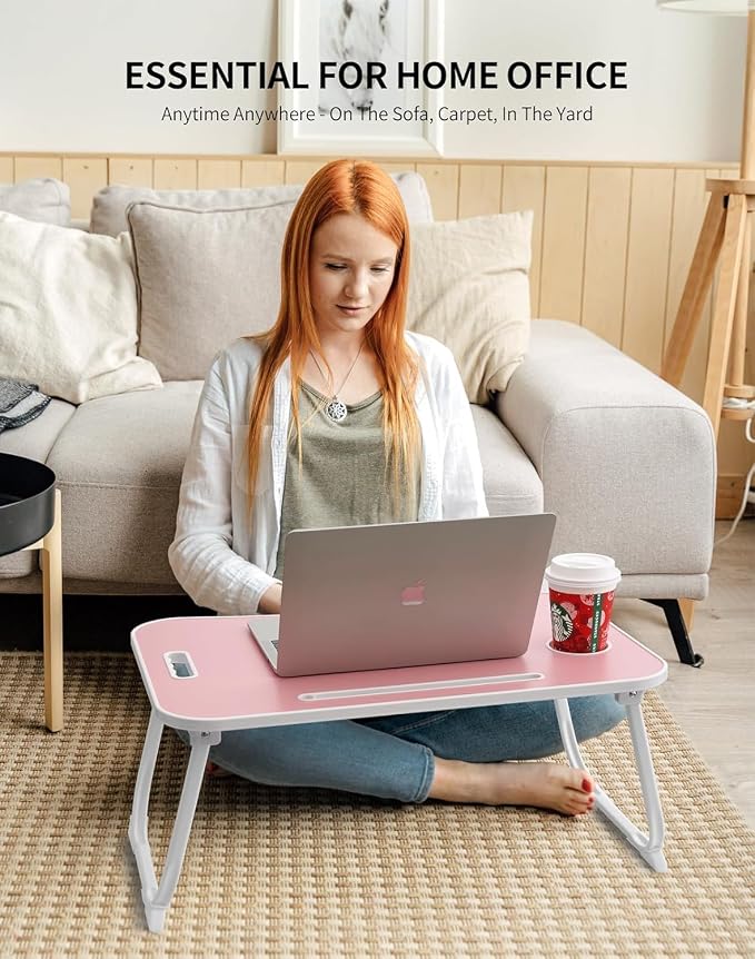 ZEAPTAC Laptop Bed Desk, Foldable Lap Desk, Portable Lap Table, Laptop Stand with Cup Holder, Tablet Slot & Lifting Handle for Work, Write, Draw & Eat on Bed, Sofa or Couch - Rose Pink - Image 5
