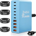 USB C Charging Station 10 Port with 4 Cables,245W GaN Charger Block | Type C Wall Charger Power Strip Adapter Plug for iPad iPhone17 16 15 14 13 12 Pro Max Pixel Note Galaxy Blue by Roruite