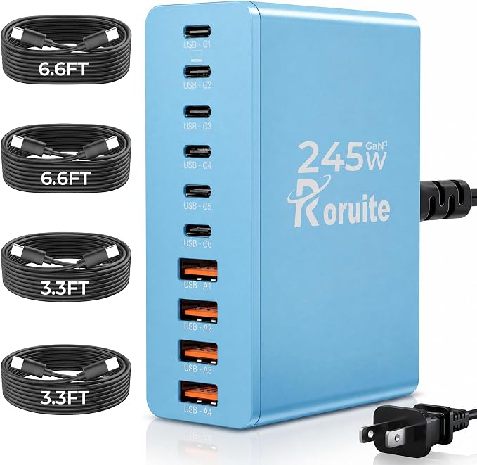 USB C Charging Station 10 Port with 4 Cables,245W GaN Charger Block | Type C Wall Charger Power Strip Adapter Plug for iPad iPhone17 16 15 14 13 12 Pro Max Pixel Note Galaxy Blue by Roruite
