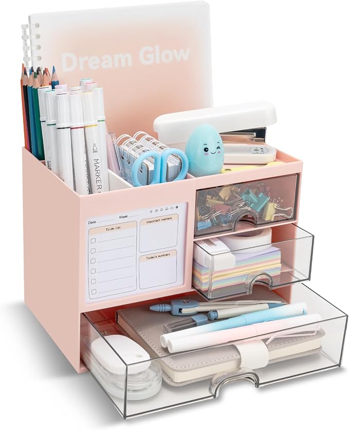 QIYVLOS Multi-Functional Desk Organizer with 3 Drawer and 8 Compartments, Pink by QIYVLOS