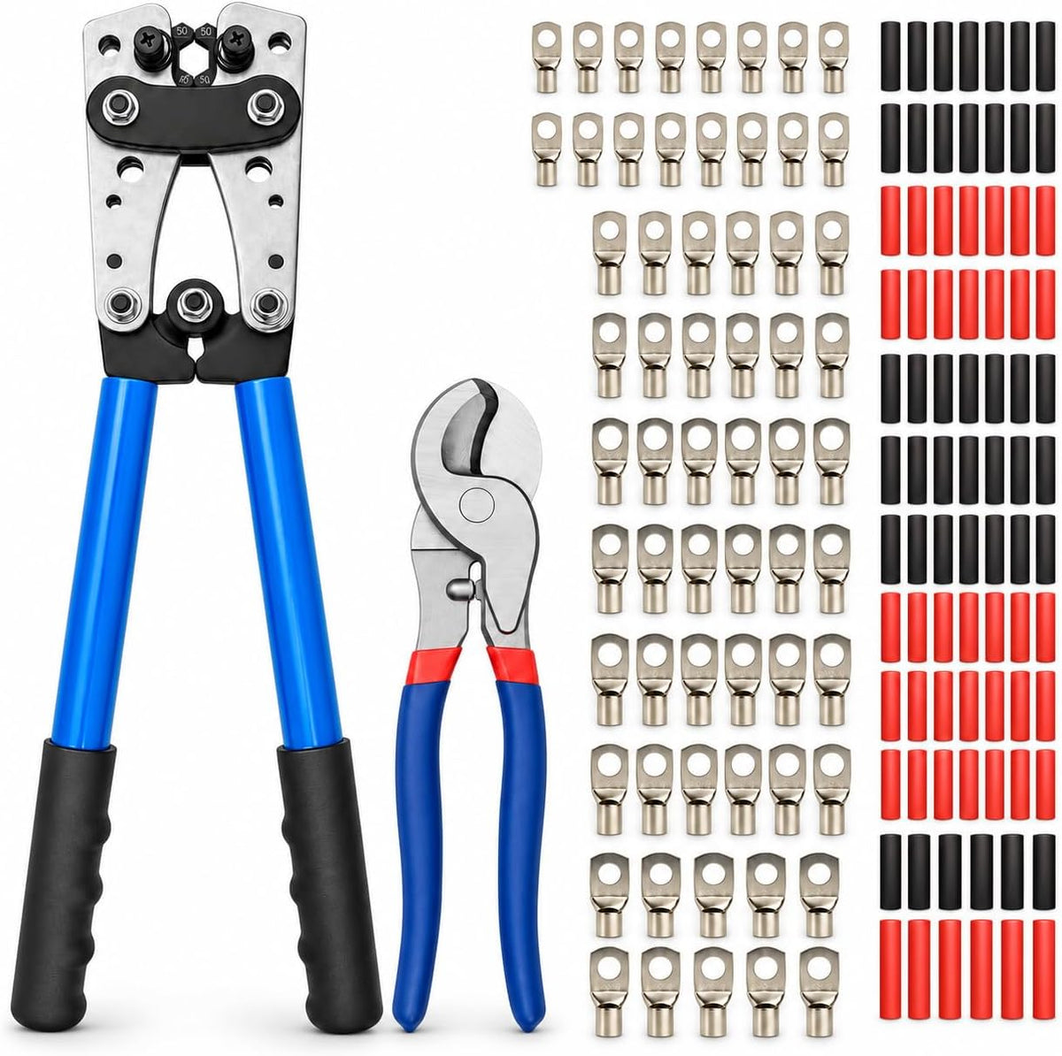 Battery Cable Lug Crimping Tool Kit, AWG 10-1/0 Gauge Wire Crimper, Battery Cable Crimper Tool with Cable Cutter, 64pcs Copper Wire Lugs, 70pcs Heat Shrink Tubes by JOYUMY