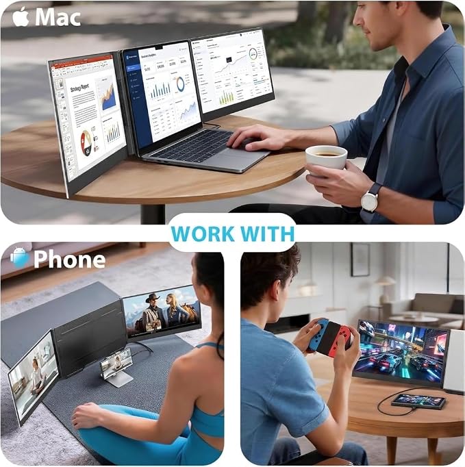 APILDELLA 15.6'' Triple Laptop Screen Extender One Cable Connection, 1080P FHD Laptop Extended Monitor Portable with Speaker, Ultra-Slim Travel Monitor for 13-17.3" Laptops, Work with Mac, Window - Image 6