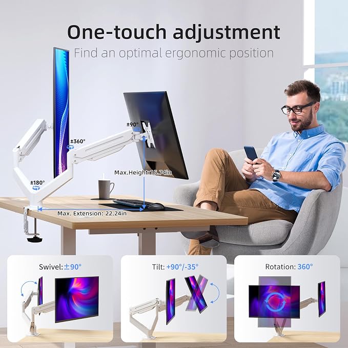Suptek Dual Monitor Mount Stand-Height Adjustable Gas Spring Monitor Arm Desk Mount for 2 Monitor Screens 17 to 32 inches - Each Arm Holds up to 22lbs,White(MD8SPW) - Image 3