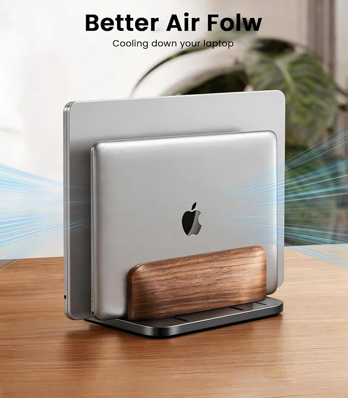 LOXP Vertical Laptop Stand, Dual Slot Wooden + Aluminum Laptop Holder | Desktop Adjustable MacBook Stand, Adjustable Base, for MacBook Pro/Air, (up to 17.3-inch All laptops) - Image 4