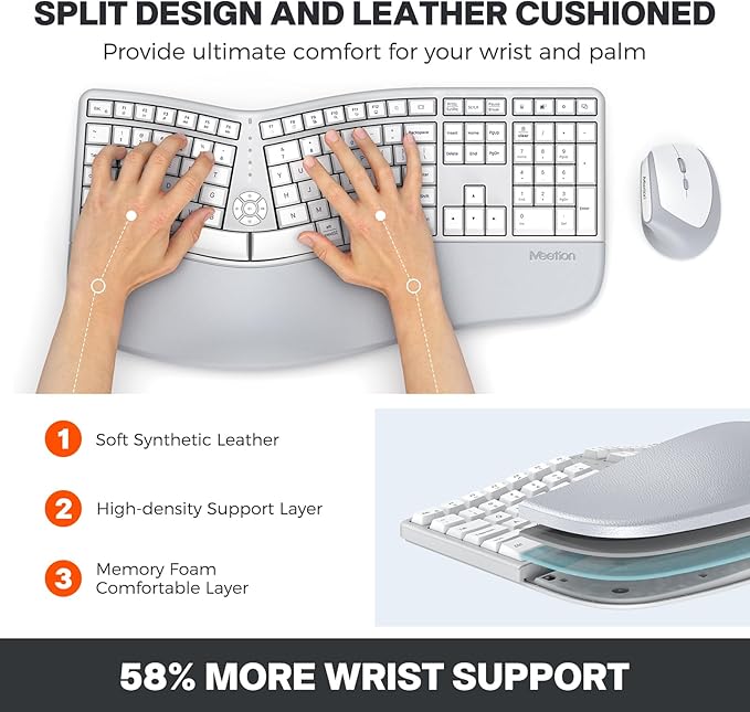 MEETION Ergonomic Keyboard and Mouse Combo, Split Wireless Design, Gray | 2.4G split keyboard with cushioned palm rest and vertical mouse, full-size natural typing design, for Windows and Mac - Image 2