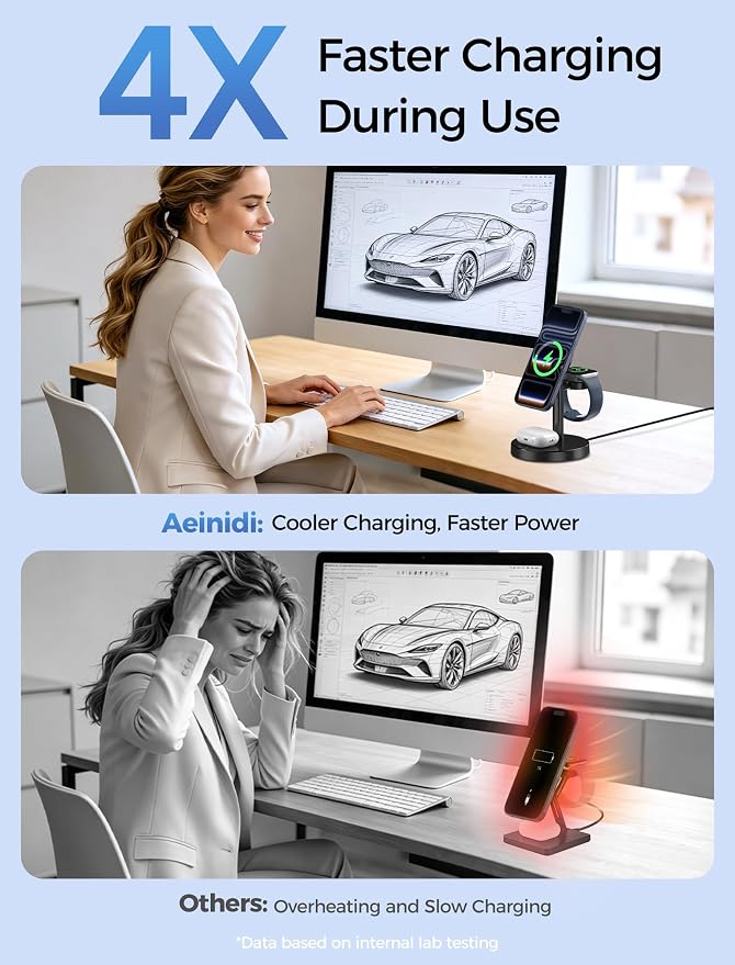 Aeinidi 3 in 1 Fast Wireless Charging Station for Apple, 15W Strong Magnetic Charging Stand Compatible with MagSafe Charger for iPhone 17 16 15 14 13 12 Apple Watch AirPods Series, Adapter Included - Image 3