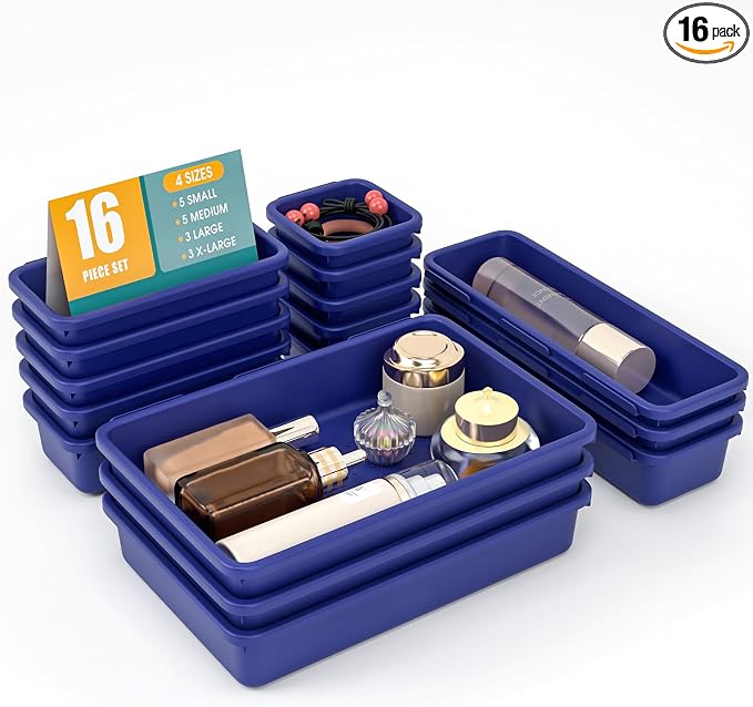 StoreHappily 16 PCS Drawer Organizer Set, 4 Size Makeup Drawer Divider Organizer With Non-Slip Pads, Interlocking Plastic Storage Bins for Office,Jewelry Vanity,Gadgets, Bathroom,Kitchen, Navy by StoreHappily