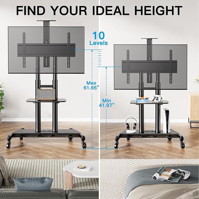 PERLESMITH Mobile TV Stand for 55-90 Inch Flat/Curved Screen TV Max VESA 800x500mm Outdoor TV Cart with Height Adjustable AV Shelf- UL Certificated Rolling Floor TV Stand Holds up to 200Lbs (PSTVMC07) - Image 6