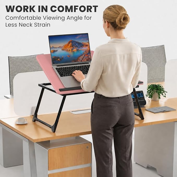 Laptop Bed Desk, 5-Angle Adjustable Bed Laptop Table with Cup Holder | Foldable Laptop Stand for Couch & Sofa, Portable Laptop Tray for Adults Writing Reading Eating, Pink - Image 8