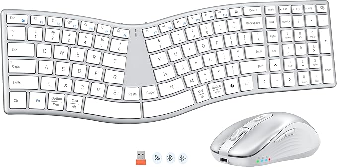 MEETION Wireless Ergonomic Keyboard and Mouse, Split S-Curve Design, White | Dual Bluetooth and 2.4GHz connectivity, low-profile rechargeable keyboard, 4 DPI mouse for Windows, Mac, PC and laptop by MEETION