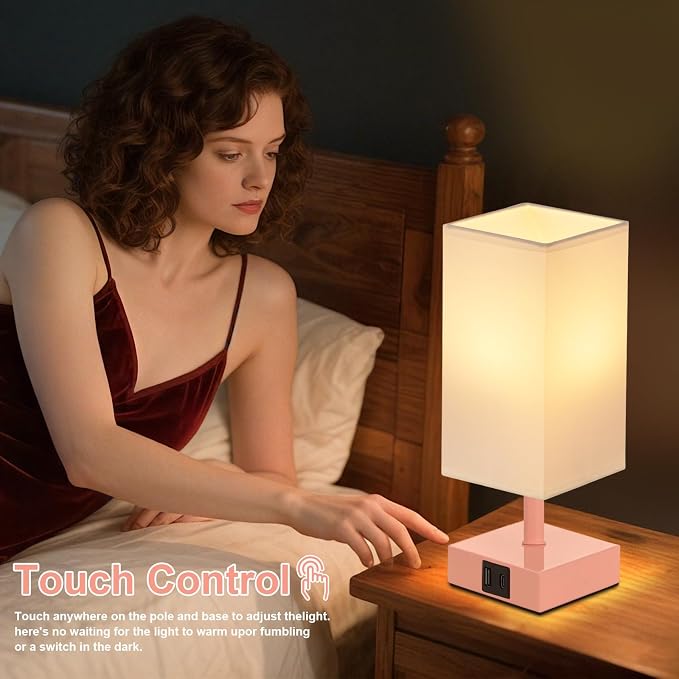 Touch Table Lamp for Bedroom - Dimmable, USB C+A, White Lamphade Pink Base | 3-Way Dimmable, 3000K LED Bulb Included, Square Lampshade, Cute Room Decor for Teen Girls, Kids, Small Lamp for Dorm, Nursery - Image 6