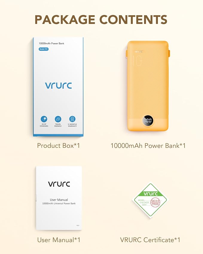 VRURC Portable Charger, Power Bank Built-in Cables and AC Wall Plug | USB C Power Bank 10000mAh Travel Essentials Phone Charger Compact External Battery Pack For Smart Phones, Tablets etc-Orange - Image 8