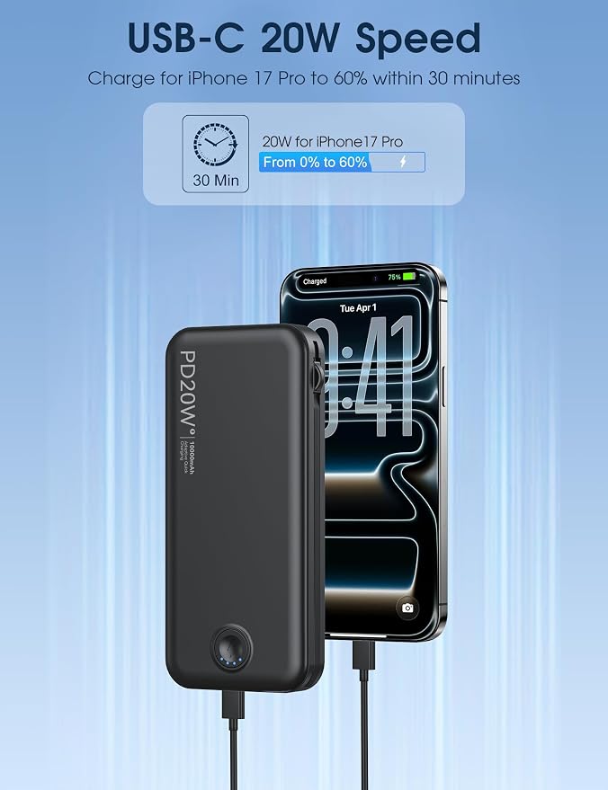 Nusyddy Portable Charger 10000mAh Fast Charging w/Built-in Wall Plug Black | PD20W Fast Charging, LED Indicator, Pass Through Charging, TSA Approved, Compact/Slim, Power Bank for iPhone/iPad/Samsung - Image 4