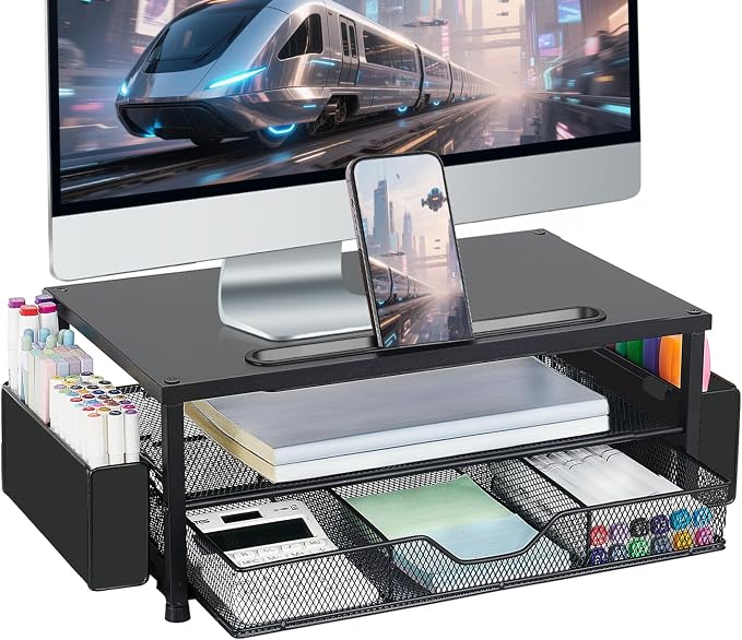 AUPSEN Wood Computer Monitor Stand Riser, 2-Tier Black Desk Organizer with Drawer, Pen Storage & Phone Holder ，Office Desk Accessories Desktop Organizer for Office Supplies (Black) by AUPSEN