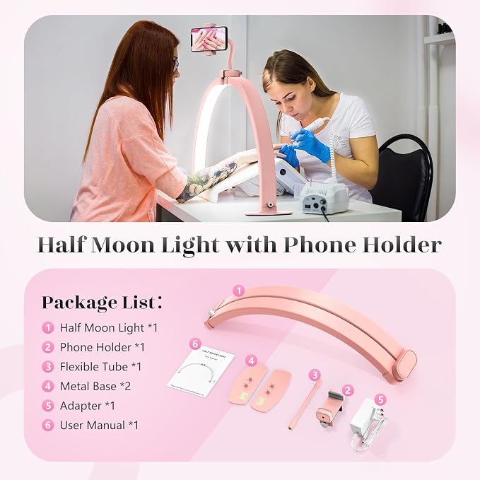 Yokilly Half Moon Light for Nail Desk: 29" Foldable Nail Light for Desk | Arch Nail Tech Light with Phone Holder for Beginner - 3 Color Modes & 10 Brightness for Manicure Salon-Pink - Image 7