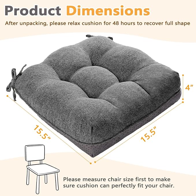 MAGIC ELEPHANT Chair Cushions for Dining Chair, Shredded Memory Foam Kitchen Chair Cushions Set of 4, Non-Slip Thick Dinning Room Chair Pads Seat Cushions, 15.5" x 15.5" x 4" (Grey) - Image 3