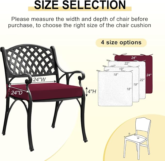 downluxe Waterproof Outdoor Chair Cushions for Patio Furniture, 24" x 24" x 4" Patio Chair Cushion with Adjustable Ties & Portable Handle, Square Outdoor Cushion with Removable Cover, Burgundy, 2 Pack - Image 6