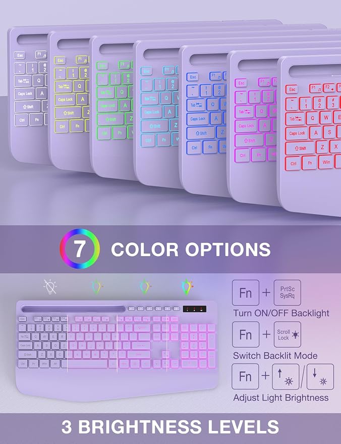 Wireless Keyboard and Mouse Combo, 9 Backlit Effects, RGB, 2.4GHz | Ergonomic Wrist Rest, Phone Holder, Rechargeable, Full Size, KM22 MAX Silent Set for Computer, Laptop, Mac, Windows (Purple) - Image 8
