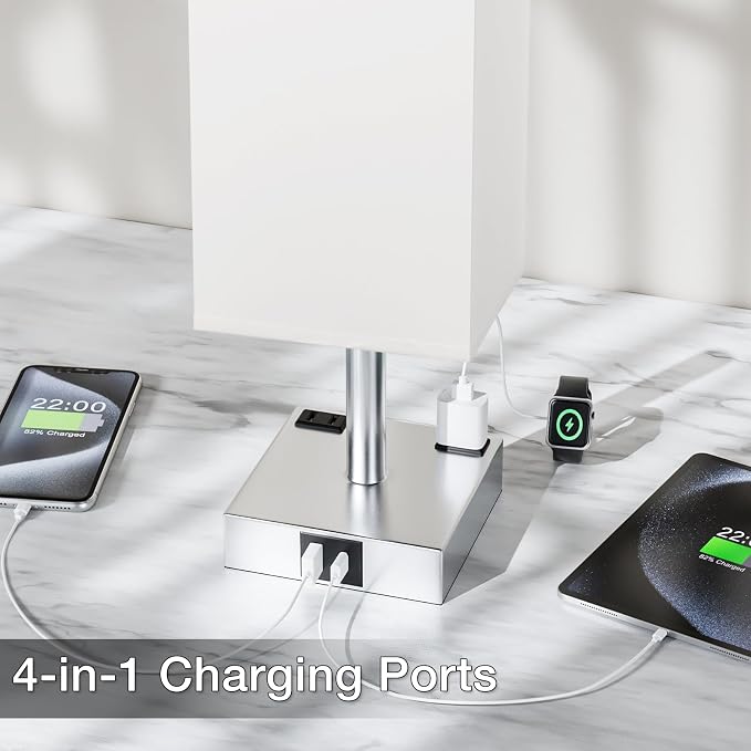 White Touch Table Lamp for Bedroom - Dimmable, USB C+A, 2 AC Outlets | 3-Way Dimming, 3000K Bulb Included, Square White Lampshade and Silver Base, Desk Lamp for Nightstand, Living Room, Dorm - Image 4