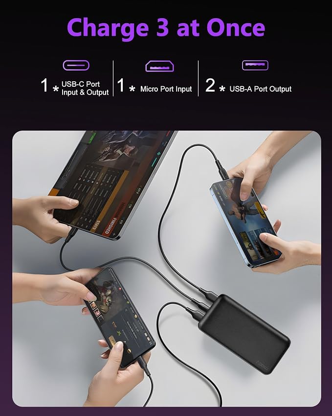 Miady 2-Pack Portable Charger 22.5W Power Bank 20000mAh Travel Battery Pack | Fast Charging丨Dual USB丨3 Outputs 2 Inputs丨High Capacity丨Compatible with iPhone 17 Android etc丨74Wh丨for Camping丨Black+White - Image 4