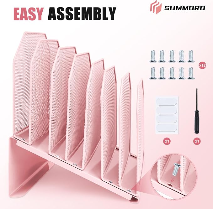 SUMMORO Inclined File Organizer for Desk, 7-Section Vertical File Holder | Office Desk Organizer Metal Rack File Folder, Wire Mesh Desktop Document Sorter, for Office School Classroom Home (Pink) - Image 8