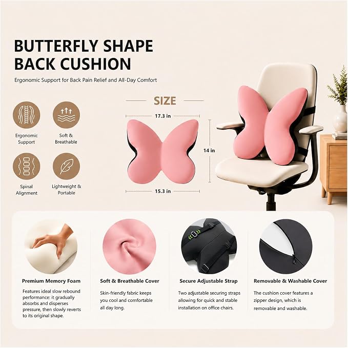 Memory Foam Lumbar Support Pillow,Back Support for Office Chair,Back Pillow for Chair,Ergonomic Lower Back Cushion for Desk Chair,Computer Chair,Gaming Chair and Car Seat,Washable Cover(Pink) - Image 5