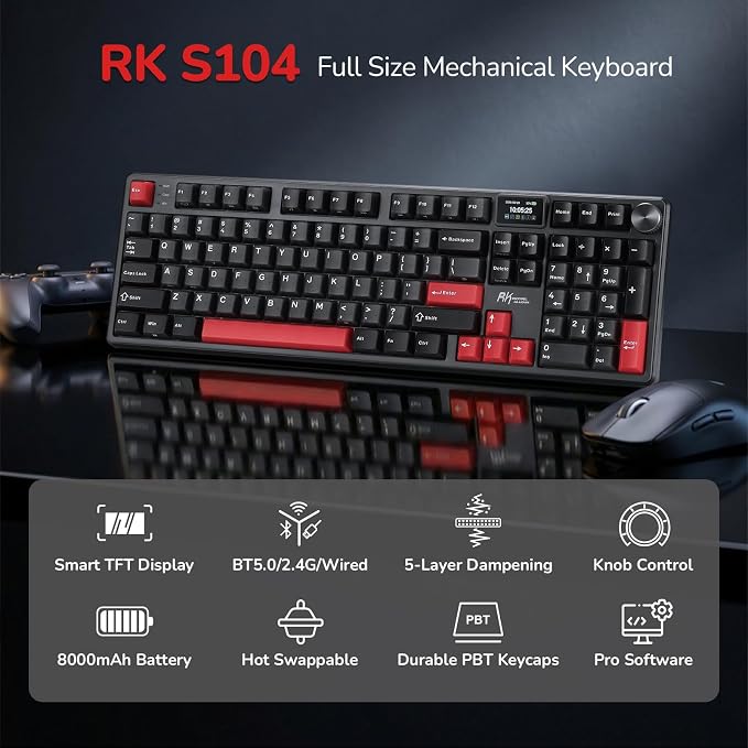 RK ROYAL KLUDGE S104 Wireless Mechanical Keyboard with Screen & Metal Knob | Full Size Gaming Keyboard with 8000mAh Battery, RGB Backlit Hot Swappable Pre-lubed Switches, Creamy Sound Computer Keyboards - Image 2