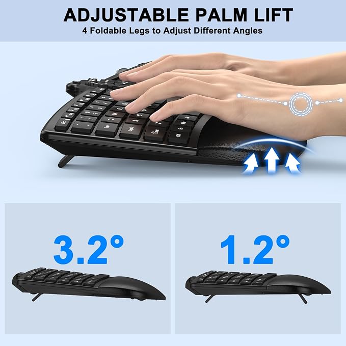 Ergonomic Wireless Keyboard Mouse, Wave Key Bluetooth/2.4G Split Design Ergo Keyboard Mouse Combo with Cushioned Palm Rest, Multi-Device, Rechargeable, for Multi-OS, Windows/Mac/Android - Image 2